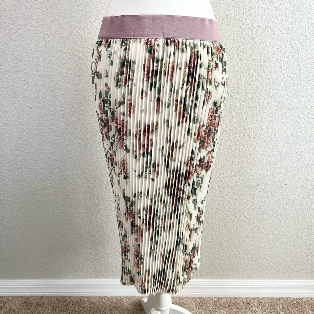 NWT LuLaroe Jill Accordion Cream Floral Stretchy Pull On Pencil Midi Skirt M